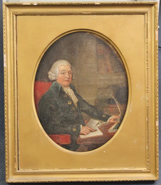 Early 19th century English School Portrait of a gentleman seated at a writing table, framed to the oval, 18 x 14in.